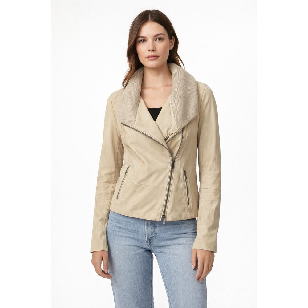 Vince Goat Leather Moto Jacket Sz M Asymmetrical Zipper Quilted Lining Off White
